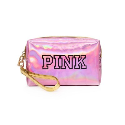 Fashion wholesale cheap laser holographic PU cosmetic makeup bag waterproof travel PINK handbag