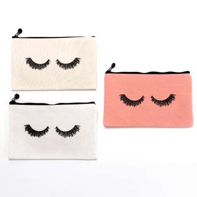 Custom Logo Printed Eco Friendly Organic Cotton Canvas Travel Cosmetic Makeup Bag zippered pouch eyelash pen bag